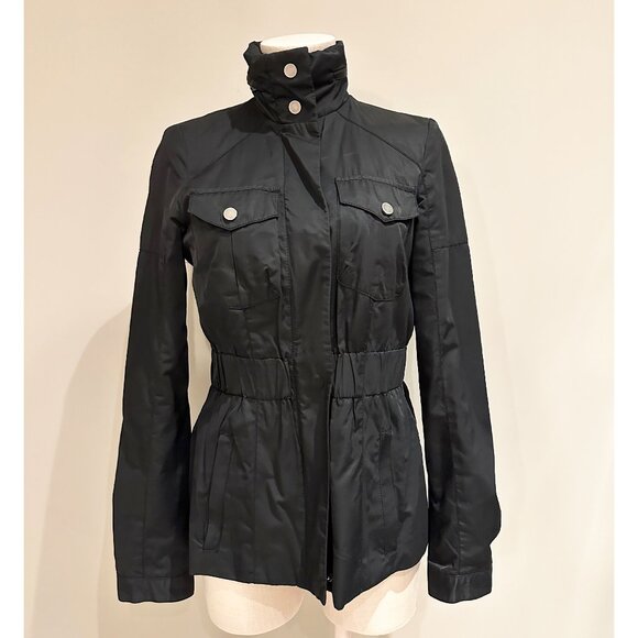 Black Casual Jacket Womans Size Small Full Zip Hidden Hood Elastic Waist - Picture 1 of 11